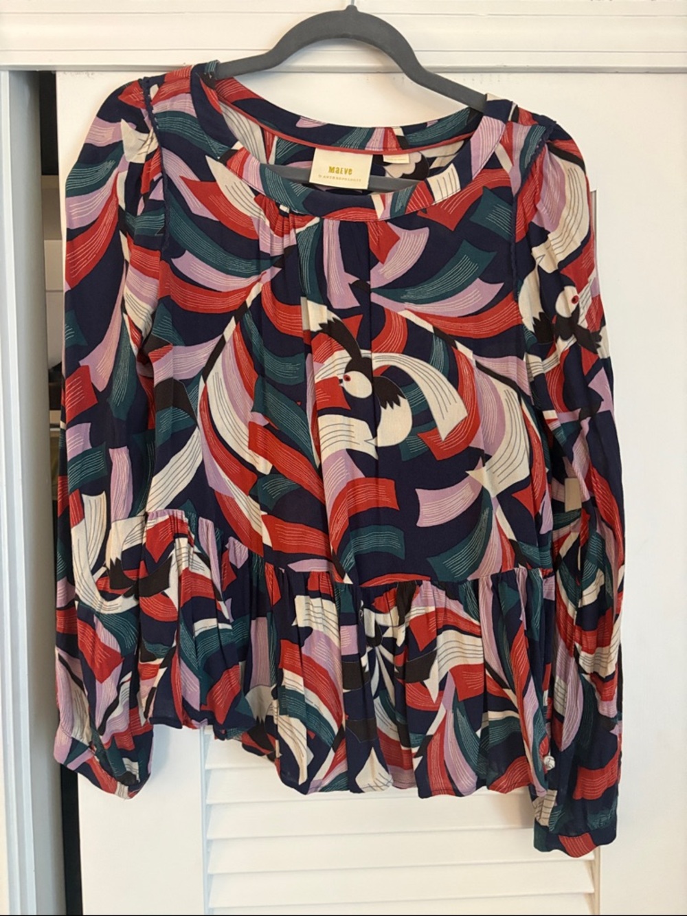 Maeve Navy Multicolor Wave-Print Peplum Blouse